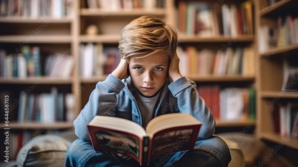 Sad boy with book sitting on floor, Worried young school boy studying at home, Child has struggling 