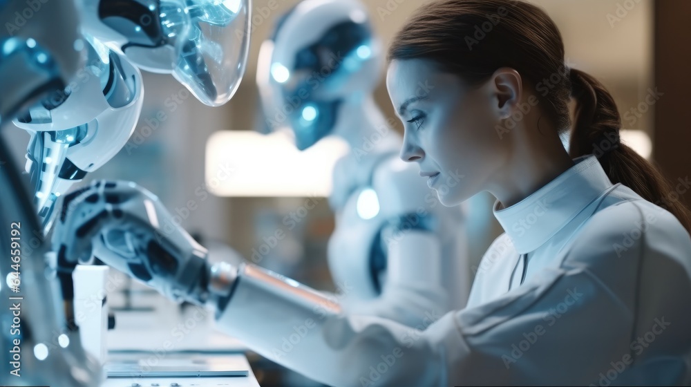 Female scientist and AI robot working together in the science lab, Science, chemistry, technology.