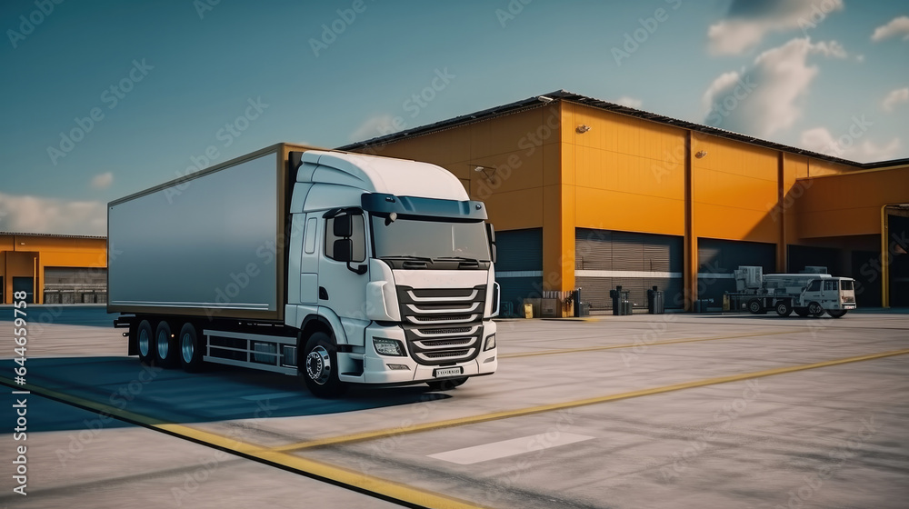 Modern loading docks, Truck in front of an industrial logistics building.