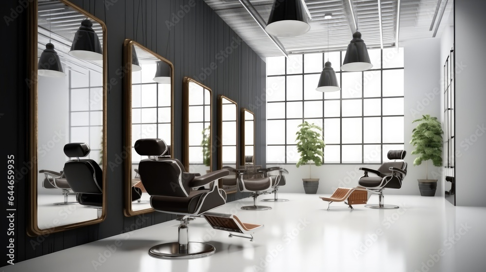 Chairs and stations in empty beauty salon.