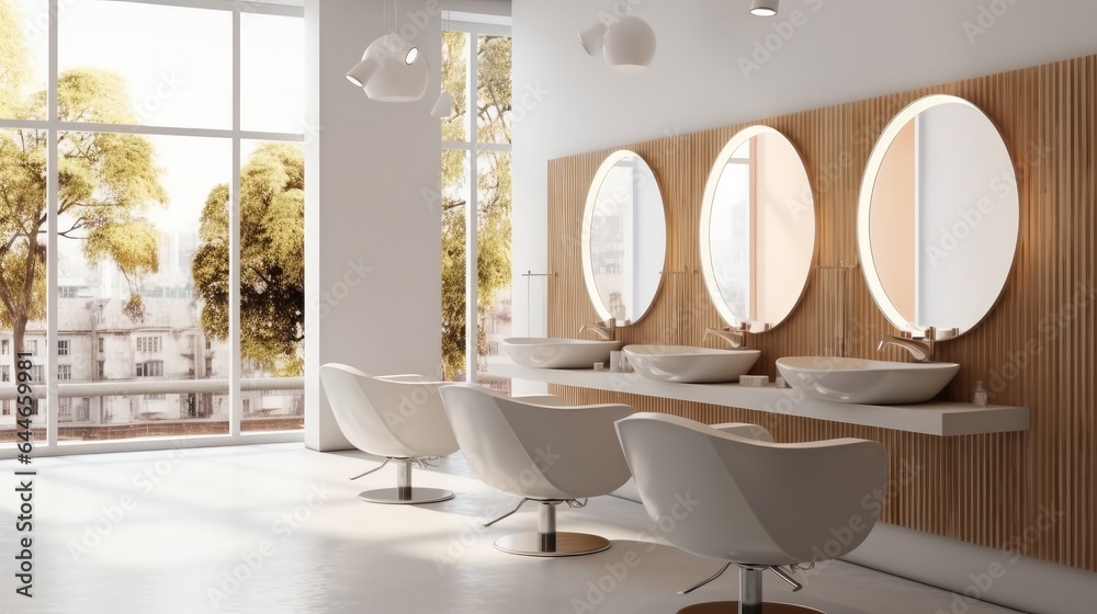 Hair salon, Modern barber shop with barber chairs and mirrors.