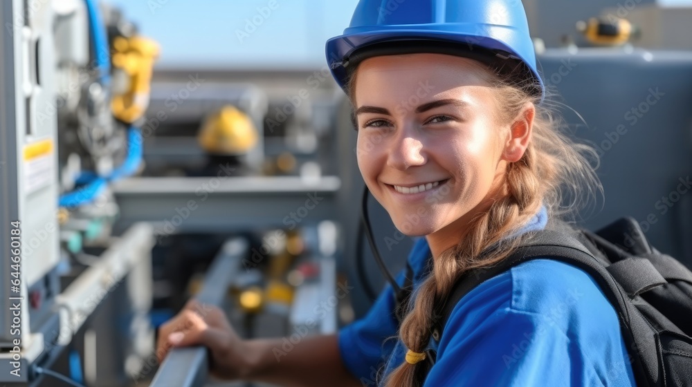 Technician woman repairing air conditioner on the wall at home.