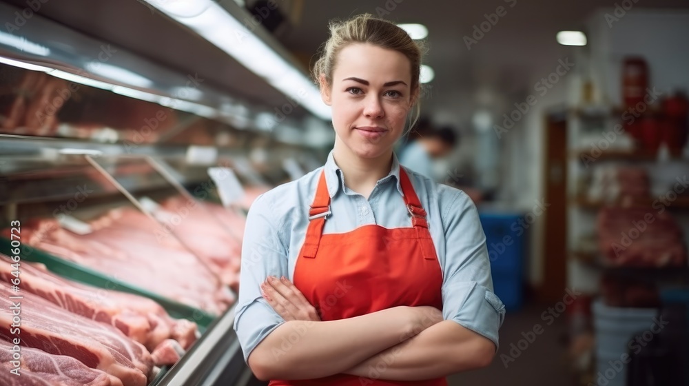 Woman worker standing in front of shelves with raw meat, Butcher working in modern meat shop.