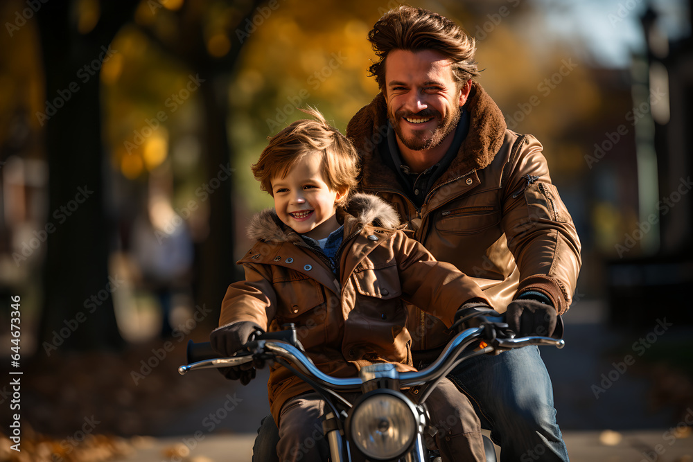 Happy father teaches child son riding bicycles, proud father helping and supporting his child while 