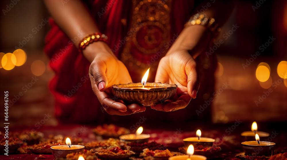 Traditional diya lamps lit during Diwali celebration. Generative AI