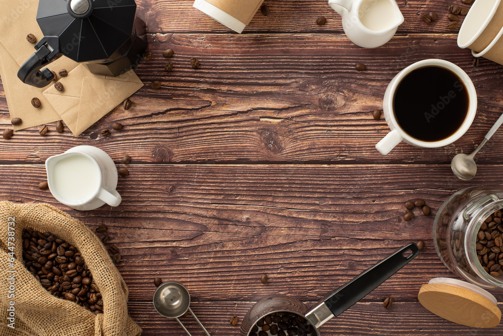 Brewing up Coffee Day excitement: top view of bag with roasted beans, espresso, to-go cups, cream ja