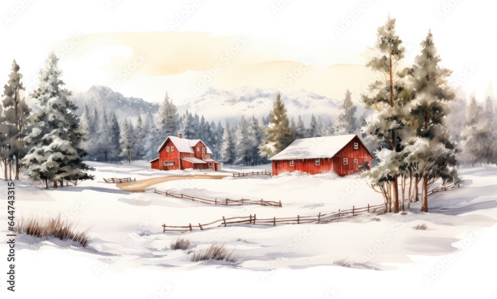 A watercolor illustration of a red farm house and pine trees