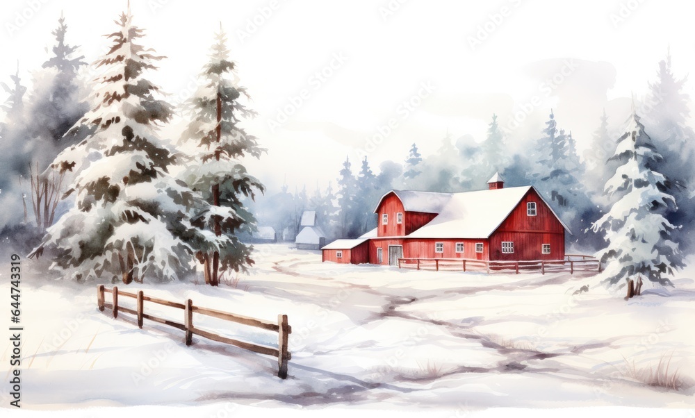 A watercolor illustration of a red farm house and pine trees