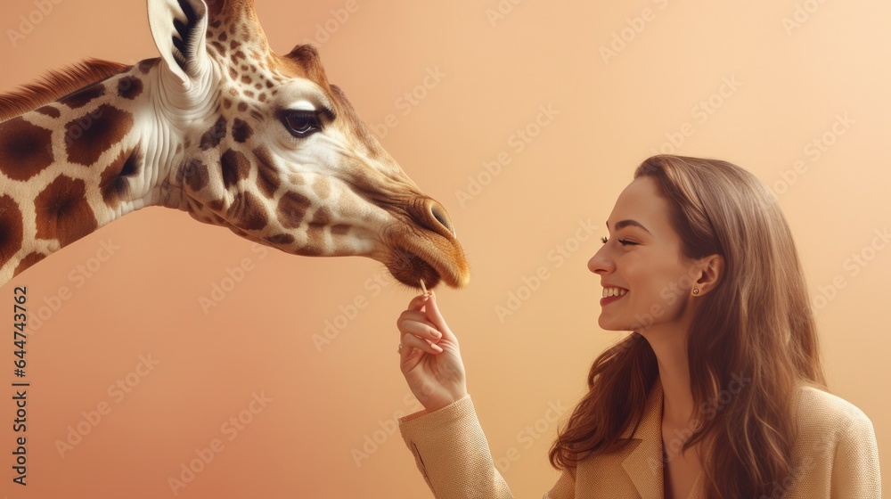 Happy young woman feeds giraffe