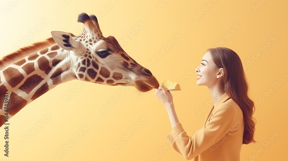 Happy young woman feeds giraffe