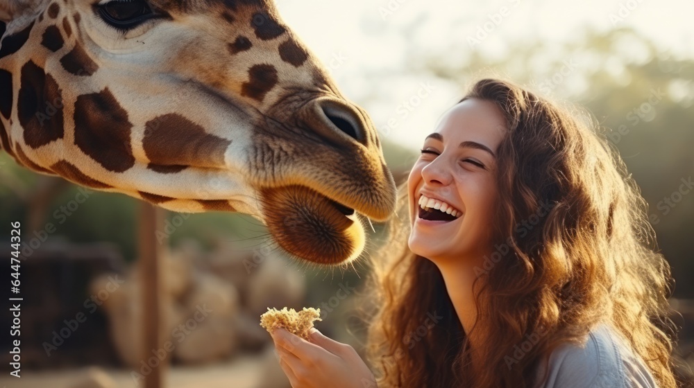 Happy young woman feeds giraffe