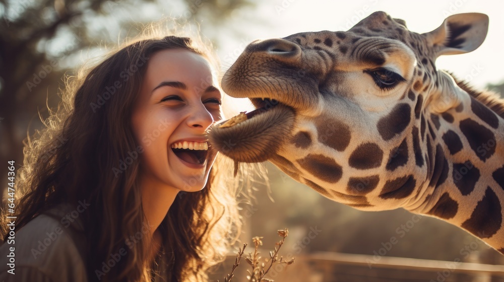 Happy young woman feeds giraffe