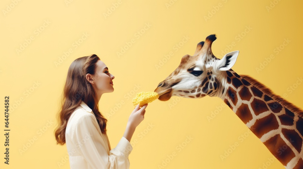 Happy young woman feeds giraffe