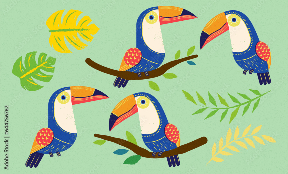 Cute toucan and leaves element set