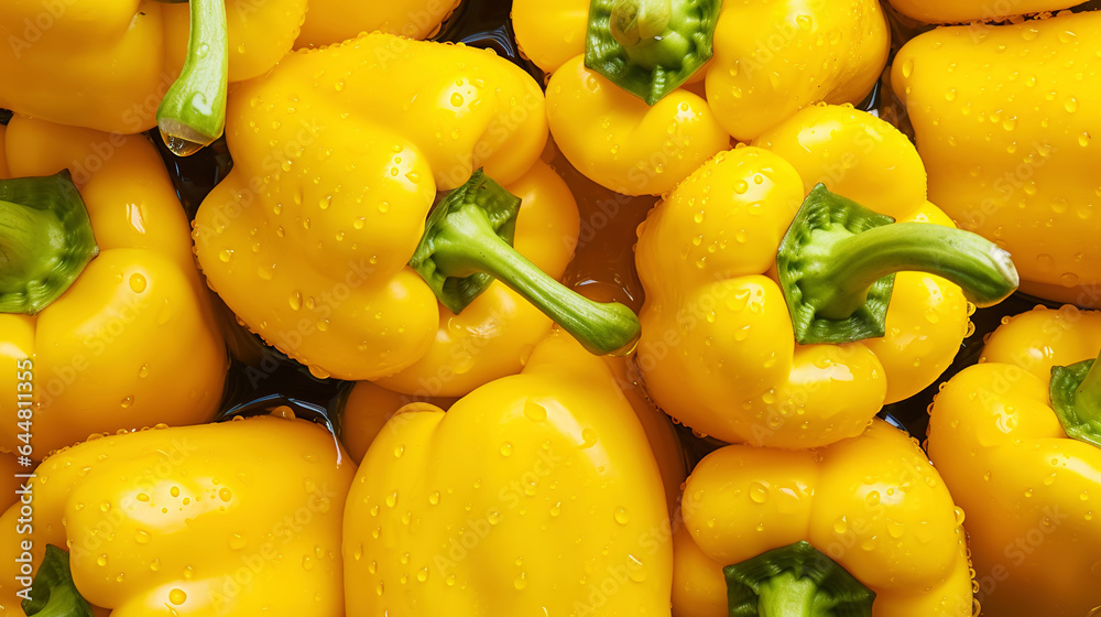 Fresh yellow bell peppers with water drops background. Vegetables backdrop. Generative AI