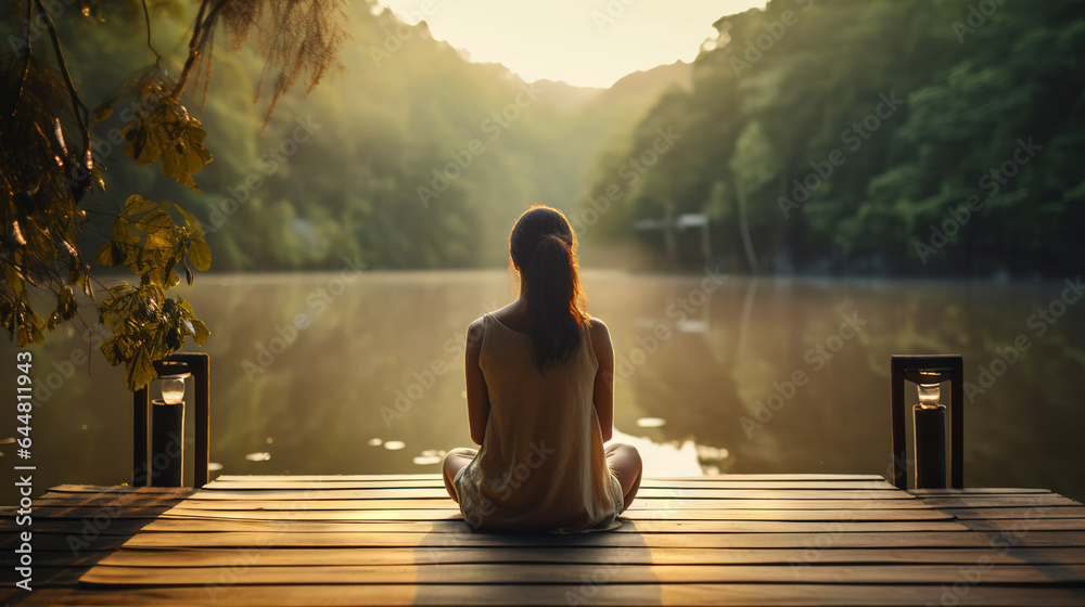 Young girl practice yoga on wooden pier with a view on lake and beautiful landscape. Generative AI