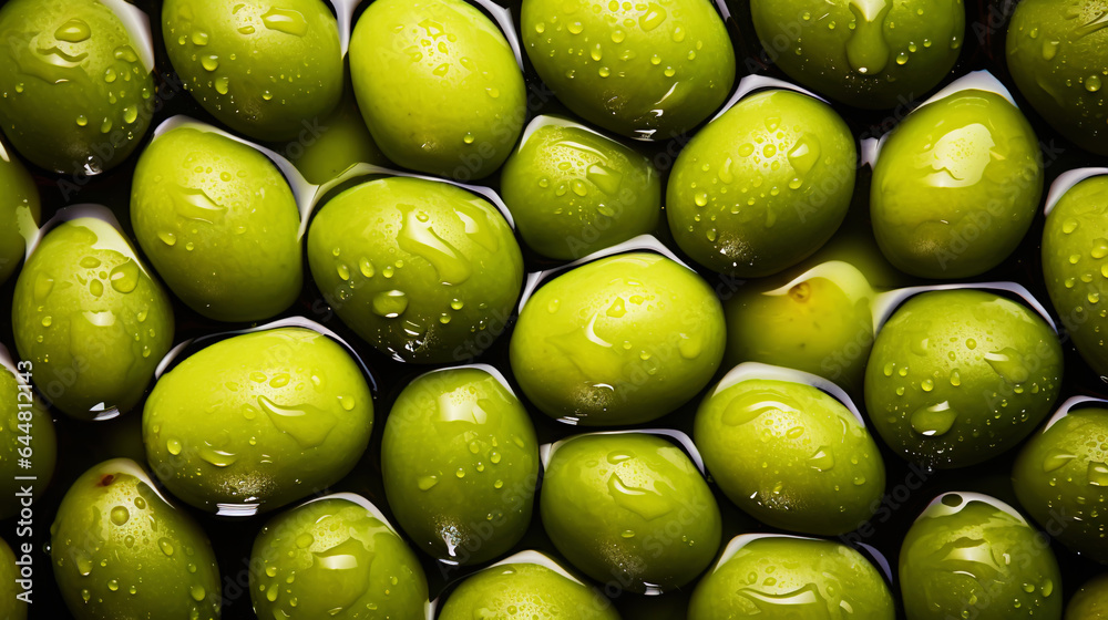 Fresh green olives with water drops background. Vegetables backdrop. Generative AI