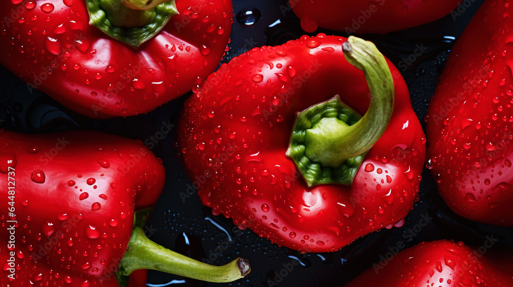 Fresh red bell peppers with water drops background. Vegetables backdrop. Generative AI