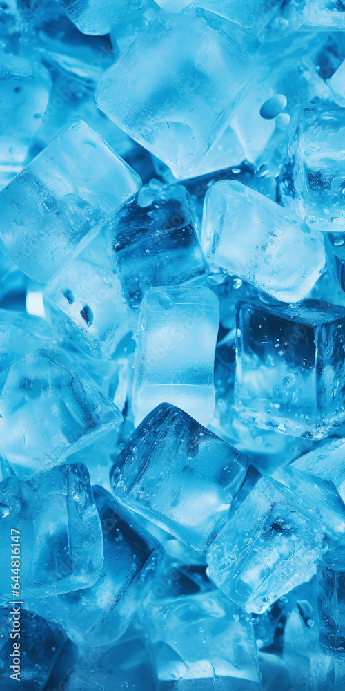 Ice cubes bluish background. Frozen water. Cold fresh concept. Generative AI