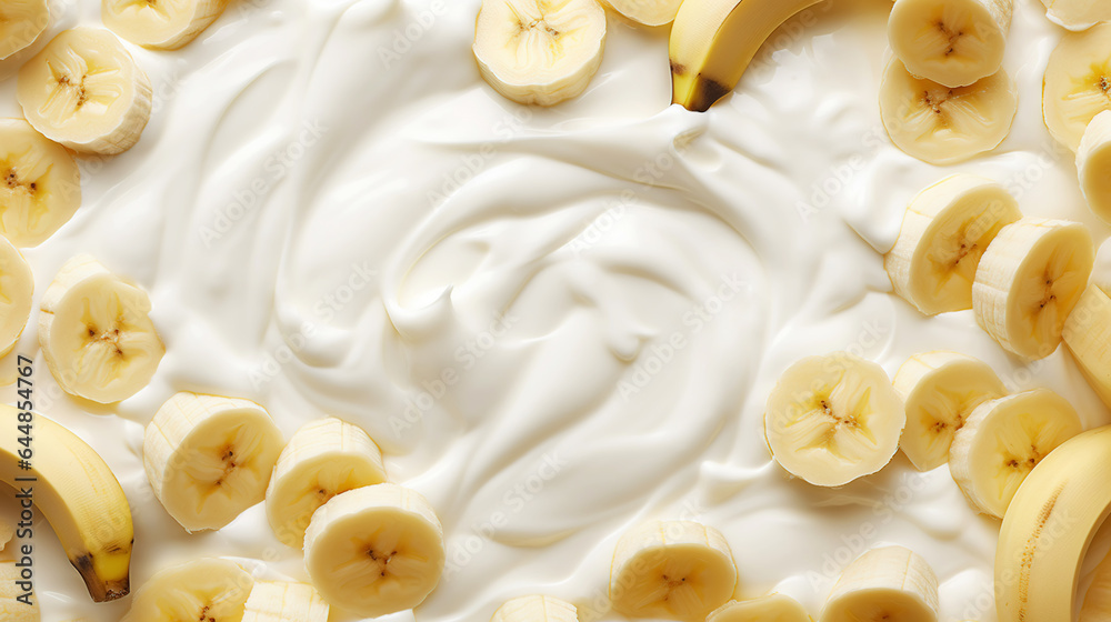 Yogurt and fresh bananas, background. Top view. Generative AI