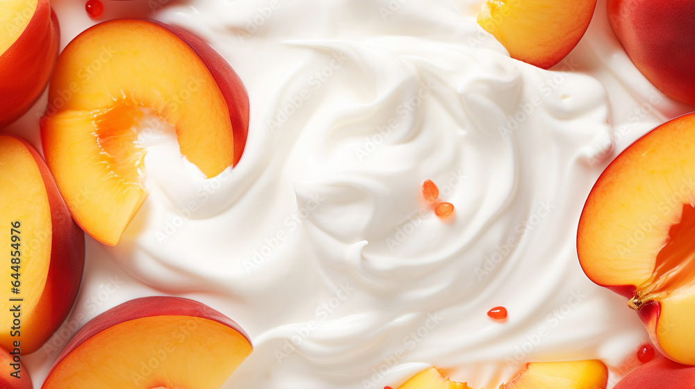 Yogurt and fresh peaches, background. Top view. Generative AI