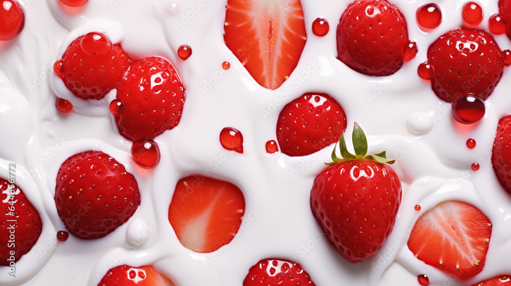 Yogurt and fresh strawberries, background. Top view. Generative AI