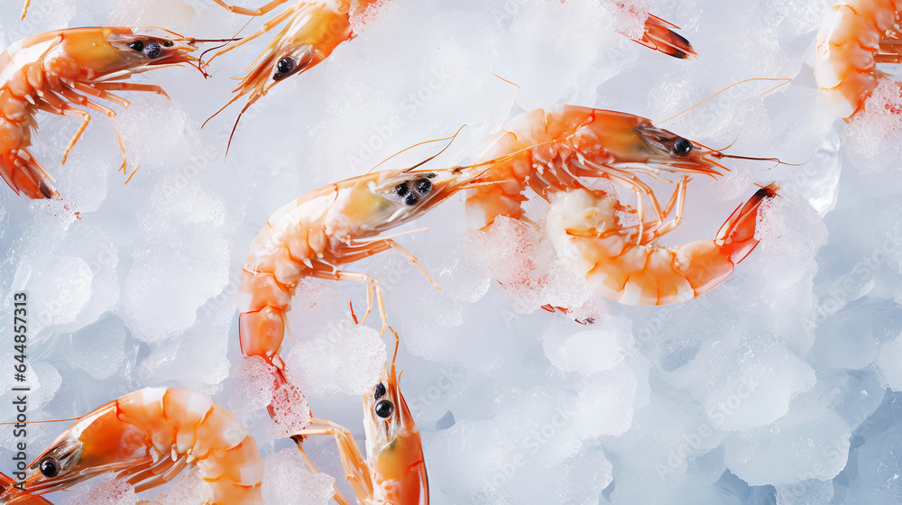 Top view of raw whole king prawns on ice. Seafood background. Generative AI