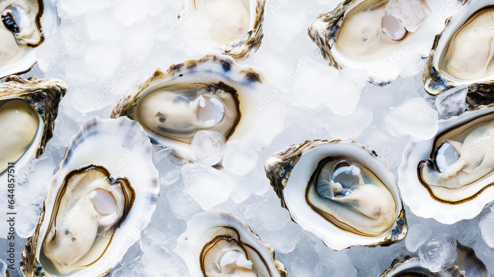 Top view on fresh oysters laying on crushed ice. Seafood background. Generative AI