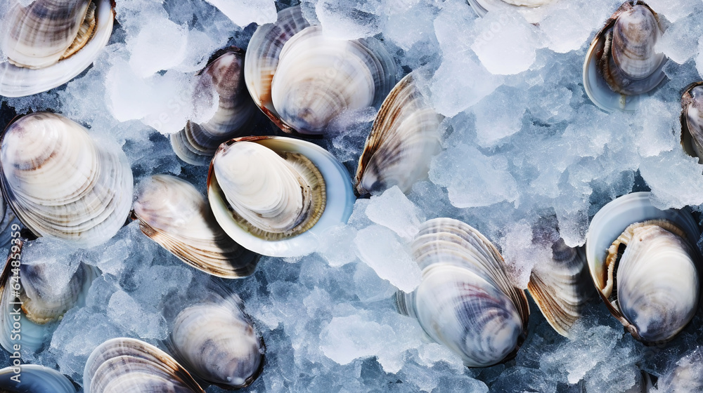 Top view on fresh clams in ice cubes. Sea food background. Generative AI