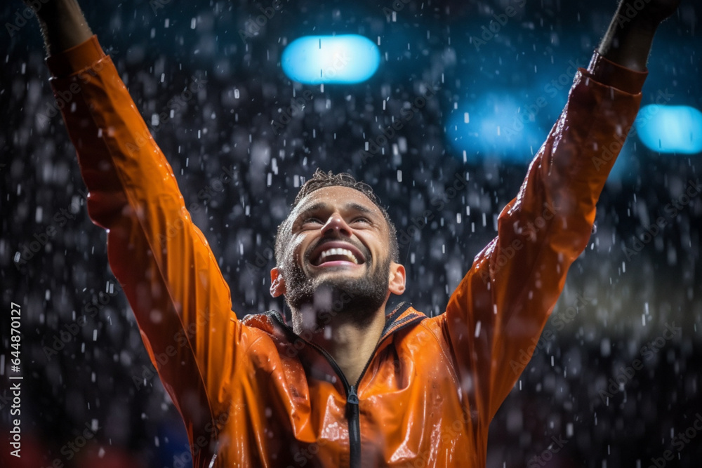 Portrait of champion athlete on stadium , emotions of a winner, joy, delight, emotional, rain, splas