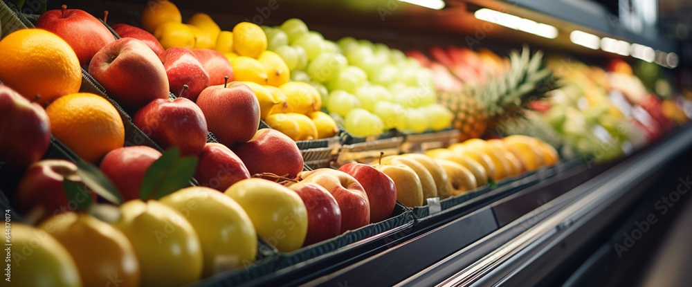 Fresh organic fruits on a shelf in a supermarket, Variety Shopping  in a supermarket apples, oranges