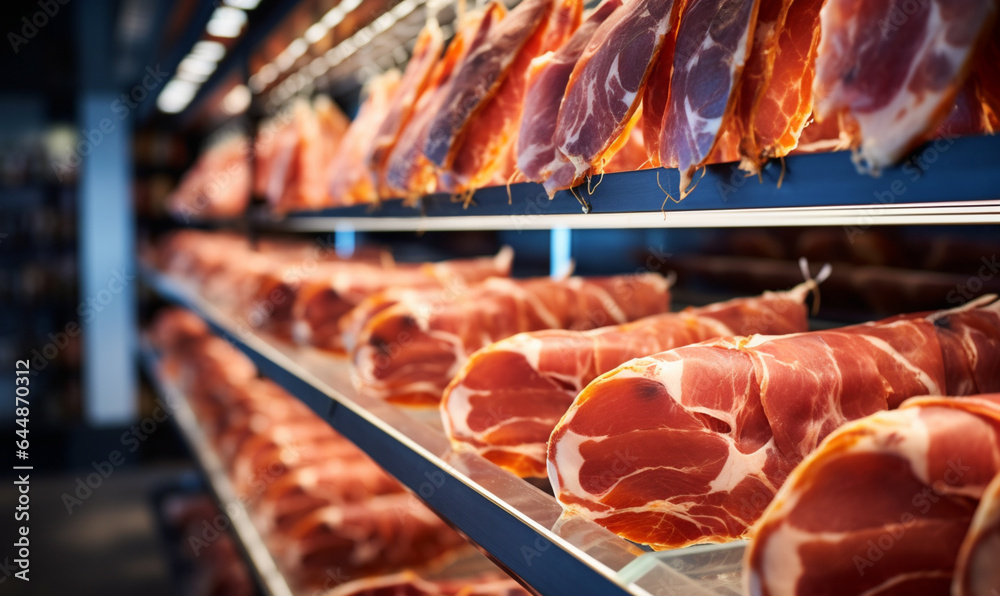 Fresh organic meat food on a shelf in a supermarket, Variety Shopping  in a supermarket meat, sausag