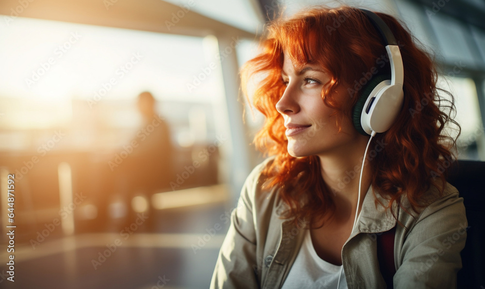 Happy female traveler in airport, Woman sitting in headphones at the terminal waiting for her flight