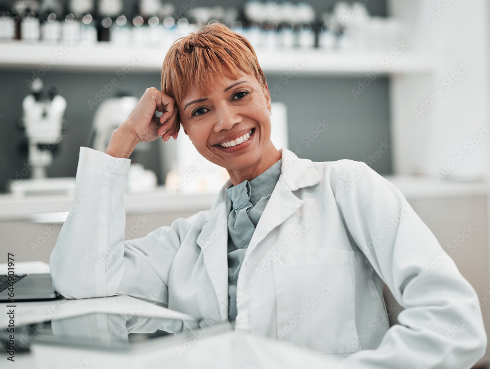 Portrait, science and smile of woman doctor in the lab for research, innovation or breakthrough. Med