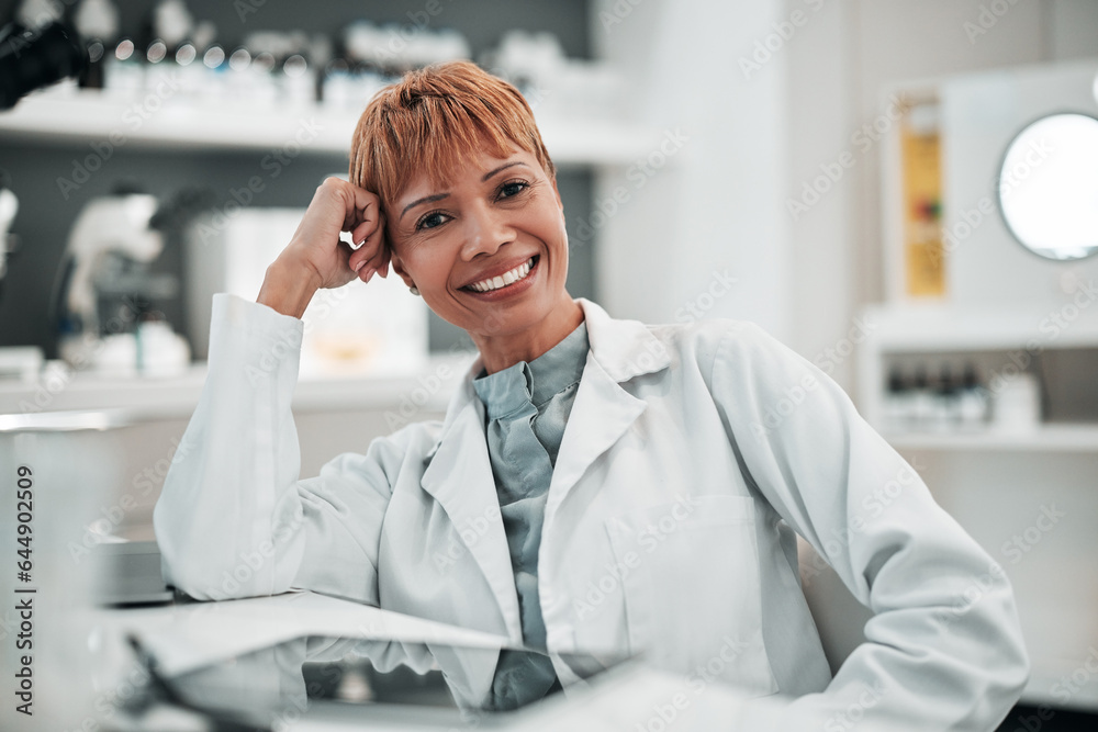 Portrait, science and smile of woman doctor in the laboratory for research, innovation or breakthrou