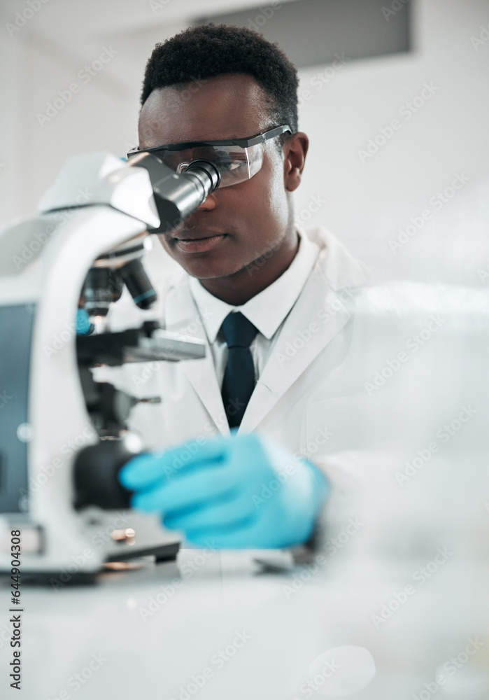 Microscope, black man and analytics with research, medical and experiment for vaccine, test or sampl