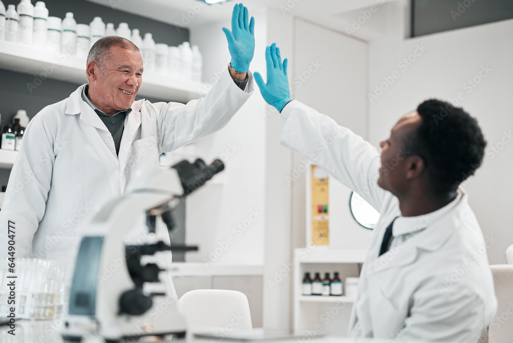 Science men, high five and together in lab, smile or partnership for goals, results or innovation at