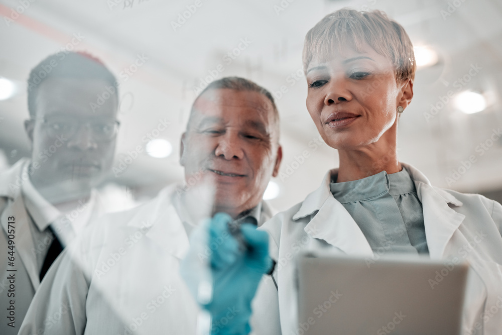 Tablet, doctor and a woman writing and planning ideas on glass board in hospital with collaboration.