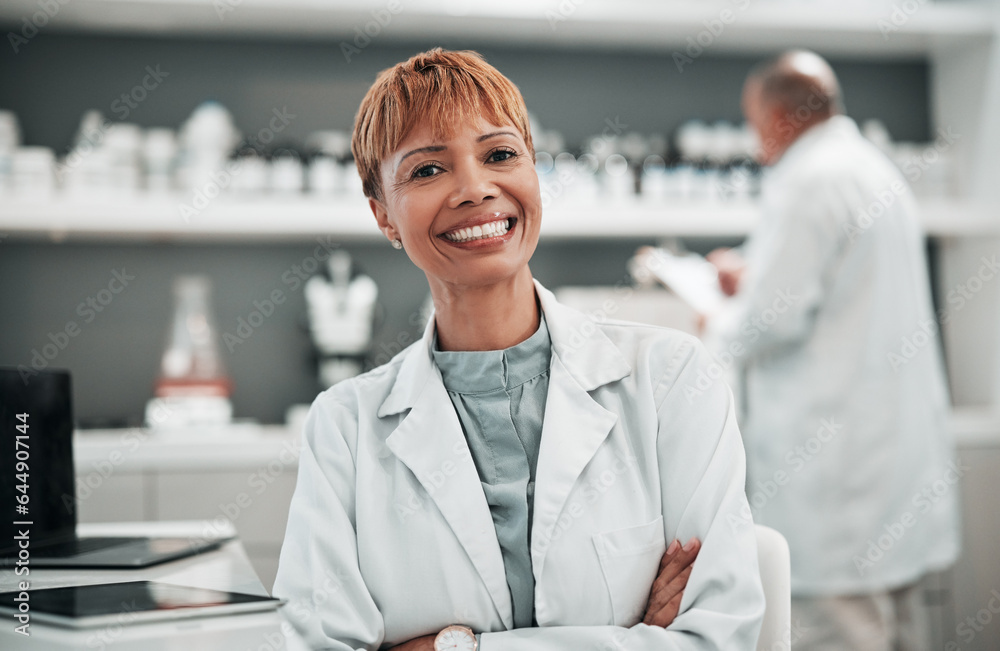 Portrait, science and arms crossed with a woman doctor in the laboratory for research, innovation or