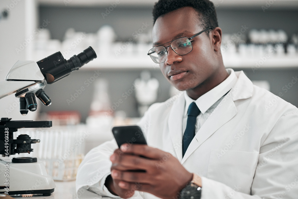 Medical science, man and a phone in a laboratory for online communication, email or website. African