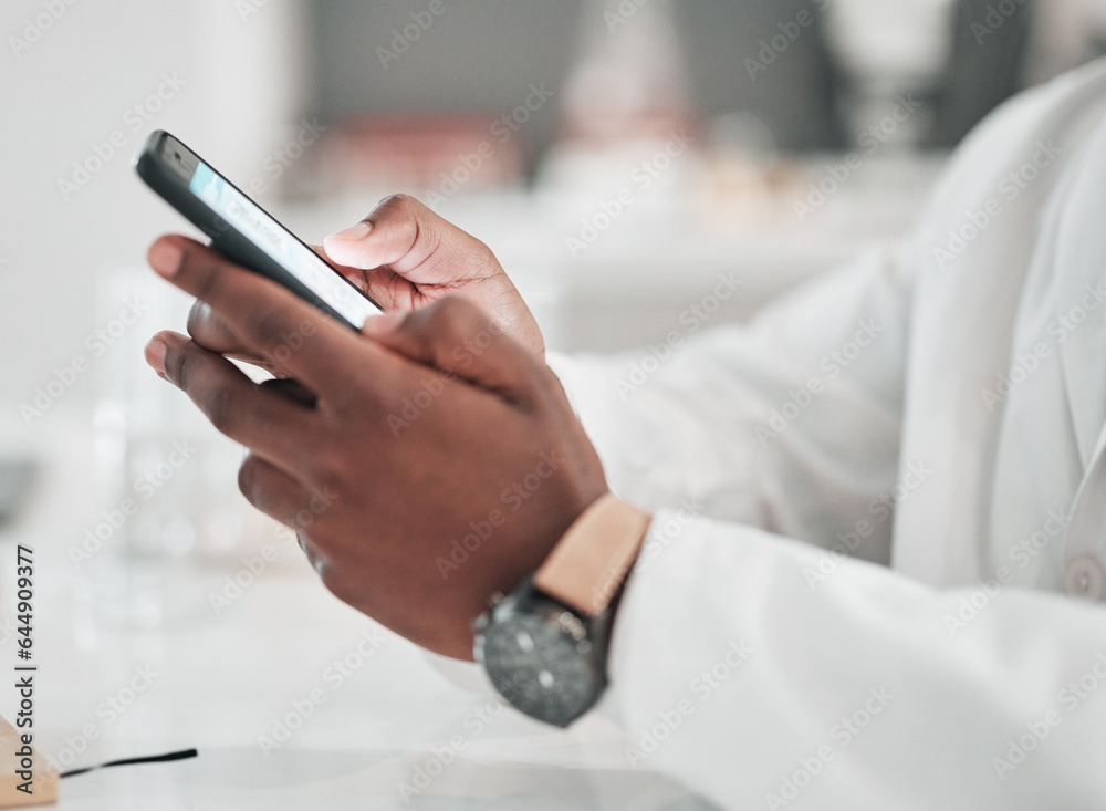 Doctor, healthcare person and hands with a phone for online communication, email or website. Closeup