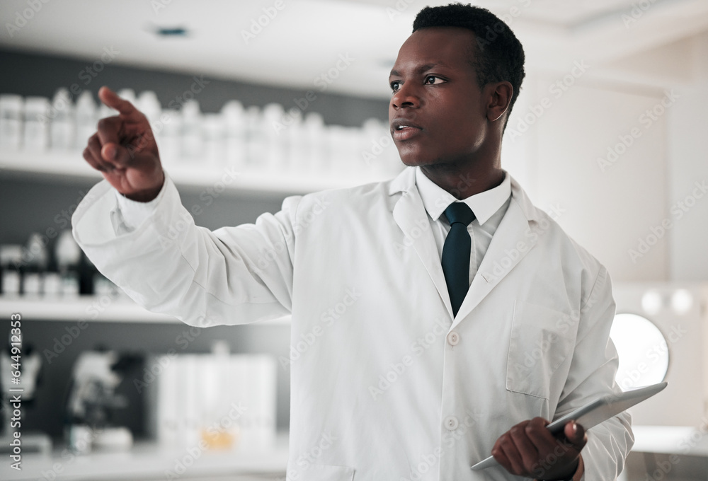 Tablet, future and a science black man using a dashboard in a laboratory for research or innovation.