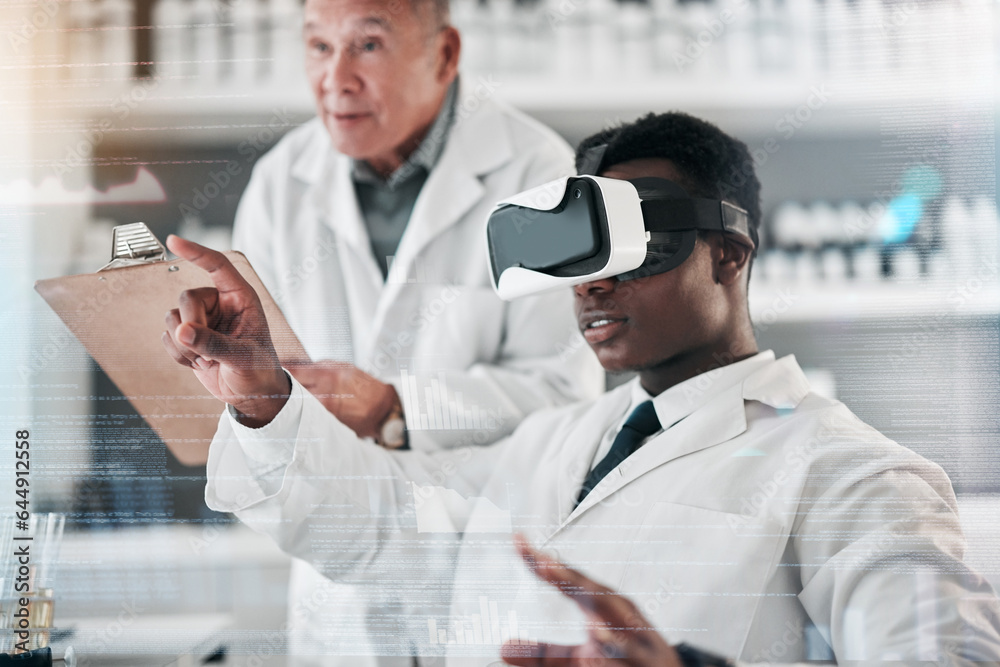 Scientist, team and VR or futuristic glasses for laboratory research, data analytics or healthcare t