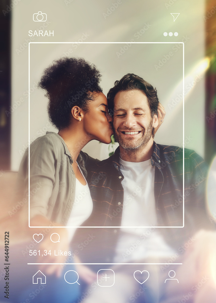 Couple, kiss and social media picture on camera, care and bonding together. Love, intimate and happy