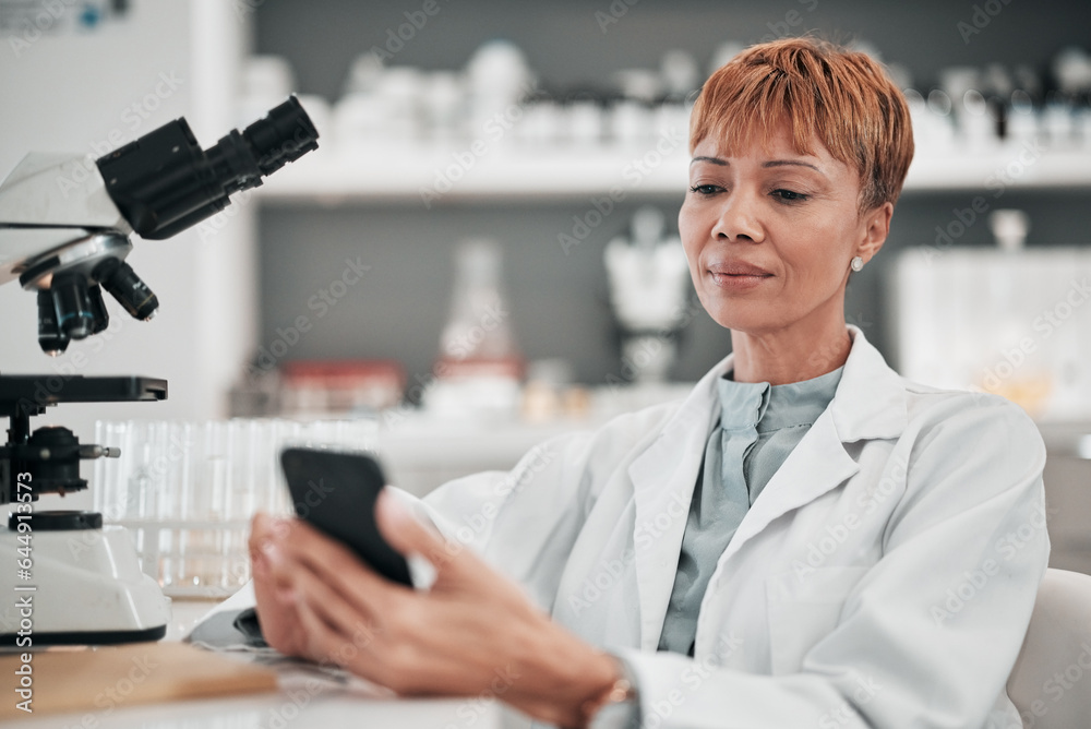 Medical science, woman and a phone in a laboratory for online communication, email or website. Matur