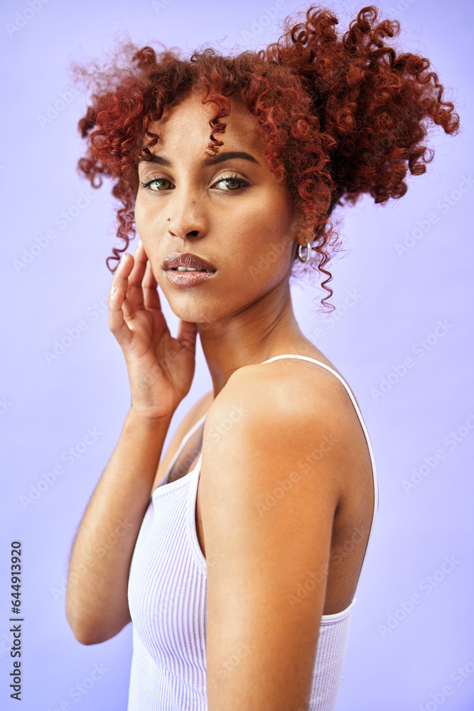 Portrait, shine and woman with makeup, skincare and dermatology on a purple studio background. Face 