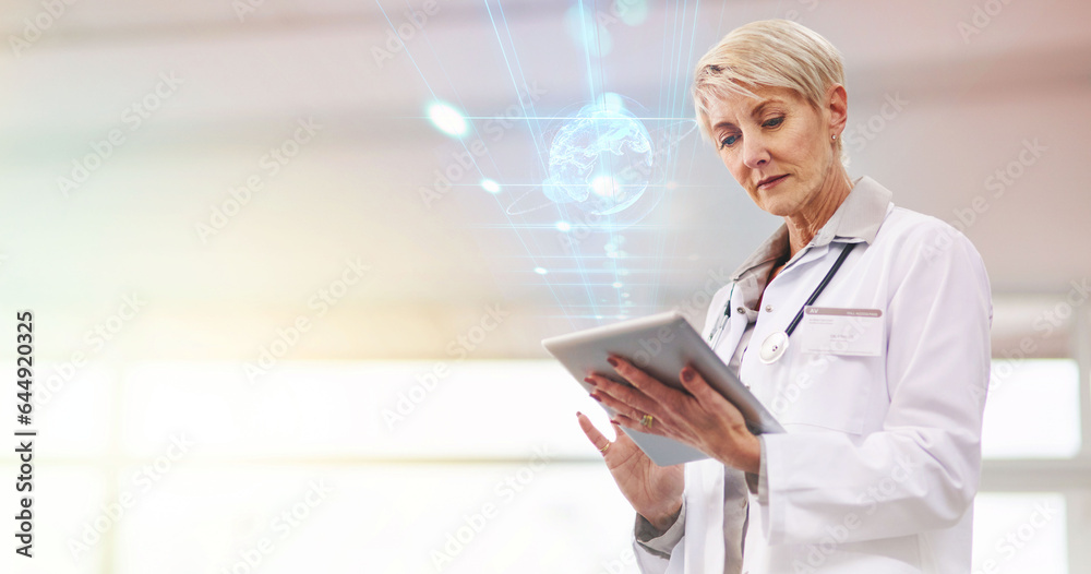 Woman, doctor and tablet with global hologram, digital transformation and healthcare tech innovation