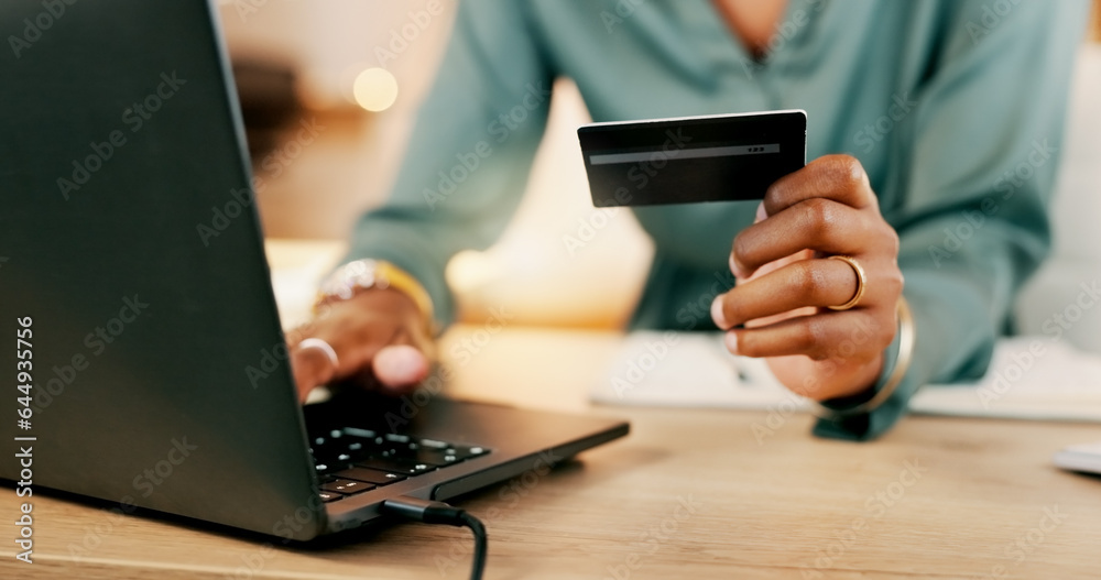 Laptop, credit card and woman hands for business online shopping, transaction or fintech payment in 