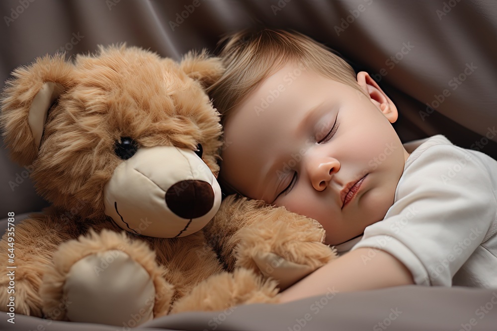 cute boy hugging his teddy bear in bed, Generative Ai