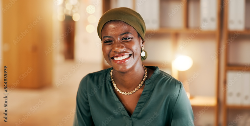 Face of black woman in office at night working on computer for international, global or online inter